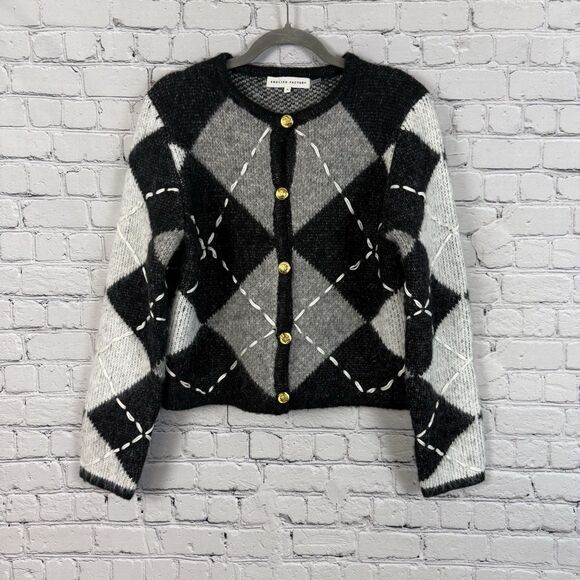 English Factory Sweaters - English Factory Argyle Cardigan Women S Heavyweight Cross Stitch Knit Black Gray